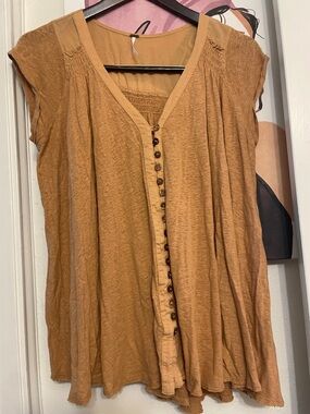 Free People Mustard Button-Front Cap Sleeve Tunic